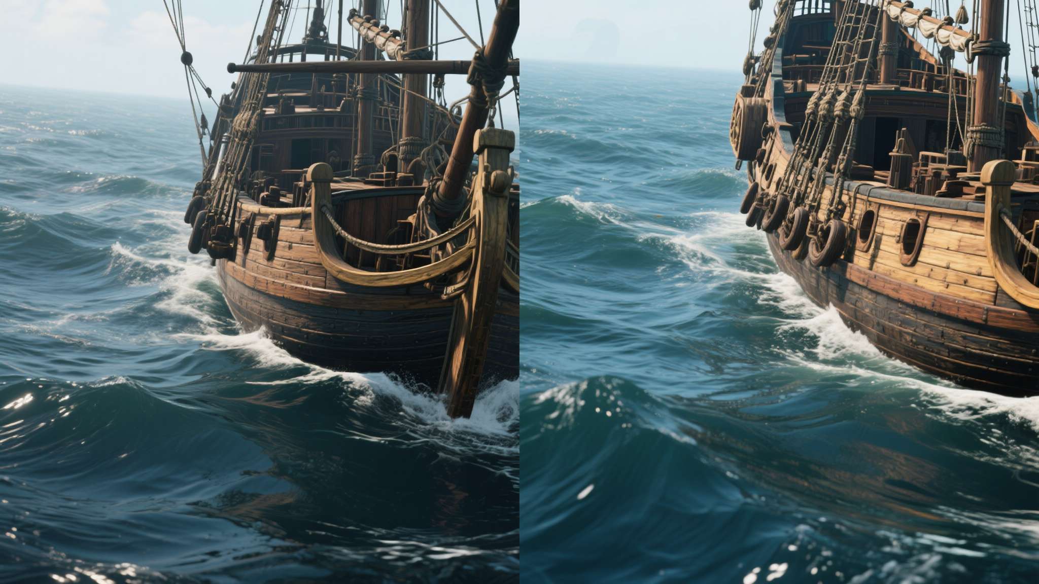 从目前曝光的截图对比来看，海面水纹模拟精度明显优于原版，船只木质纹理细节在近景下